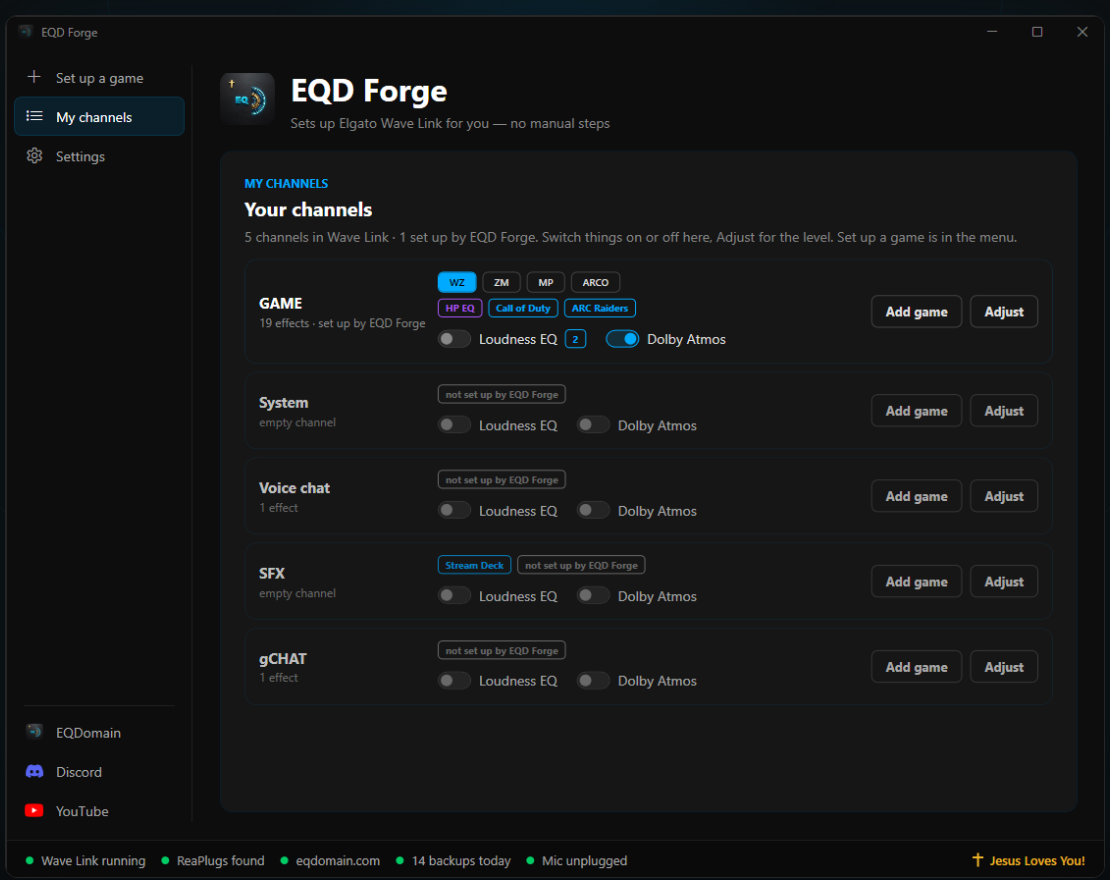 EQD Forge — le tableau Mes canaux